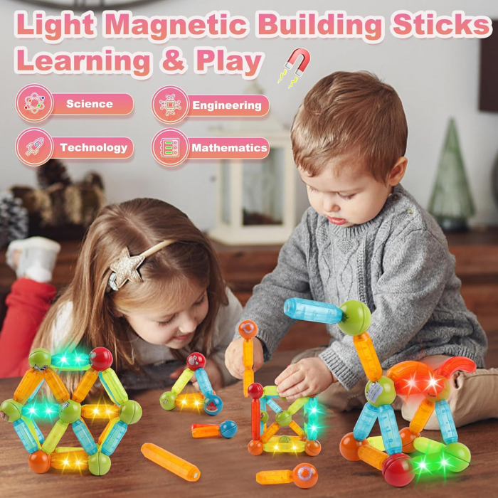 Set de constructie 3D, 52 elemente magnetice luminate LED, culori inspirate din galaxie, pentru copii 3+ ani [2]