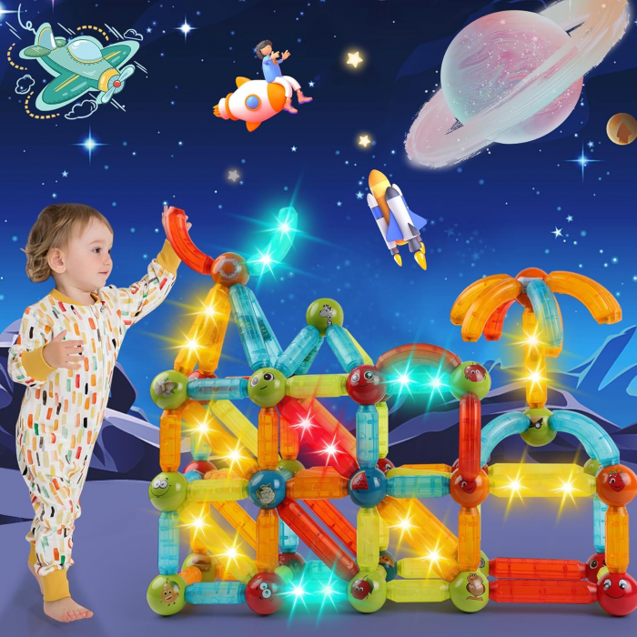 Set de constructie 3D, 52 elemente magnetice luminate LED, culori inspirate din galaxie, pentru copii 3+ ani [1]
