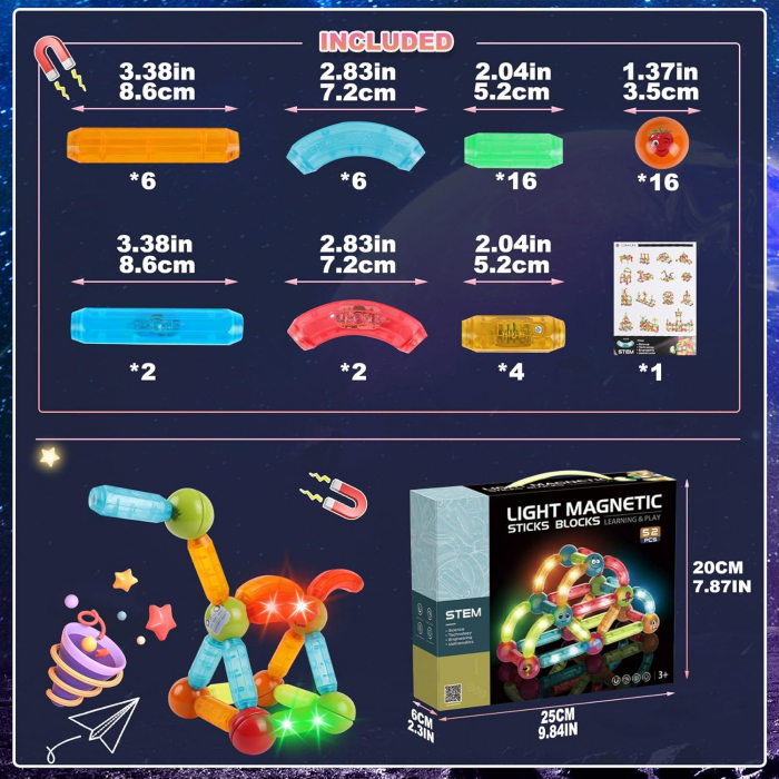 Set de constructie 3D, 52 elemente magnetice luminate LED, culori inspirate din galaxie, pentru copii 3+ ani [7]