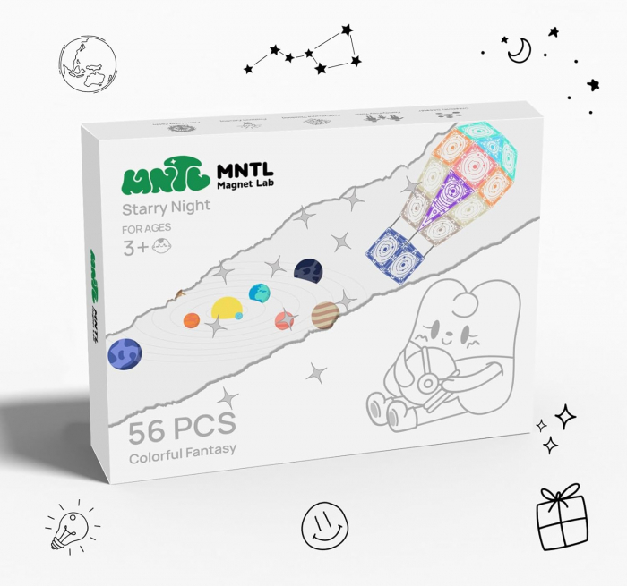 Set de constructie 3D, 56 elemente magnetice, design poliprezent, culori inspirate din galaxie, pentru copii 3+ ani [7]
