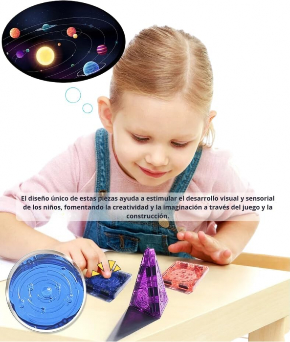 Set de constructie 3D, 56 elemente magnetice, design poliprezent, culori inspirate din galaxie, pentru copii 3+ ani [2]