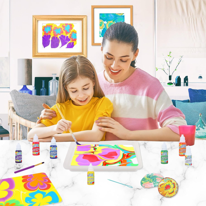 Set de vopsele marmorate pe apa, 7 culori si accesorii, 44 piese [4]