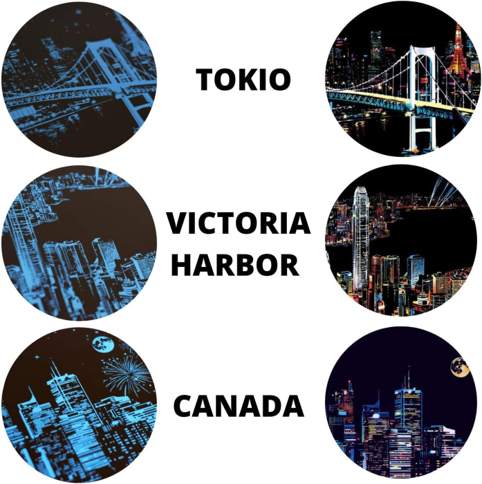 Fișe de activități DIY pentru adulți și copii, desene pentru răzuit, Tokyo, Canada și Victoria, 3x40,5 x 28,5 cm [5]