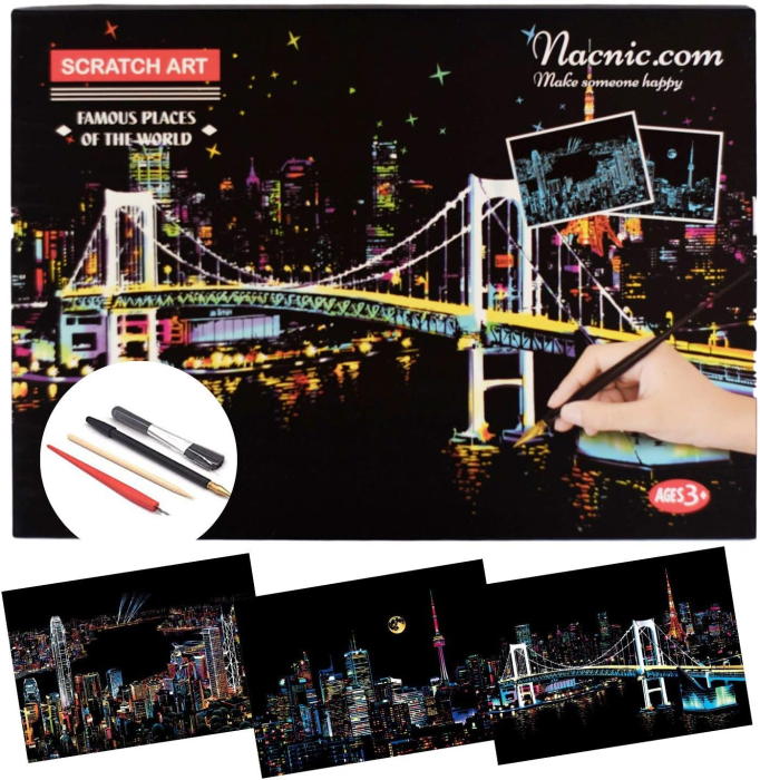 Fișe de activități DIY pentru adulți și copii, desene pentru răzuit, Tokyo, Canada și Victoria, 3x40,5 x 28,5 cm [1]