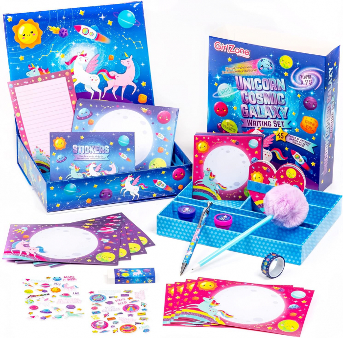 Set de scris si artizanat cu Unicorn pentru fete, albastru, 45 piese [1]