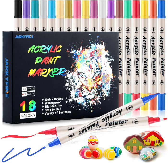 Pixuri acrilice pentru colorat, impermeabile, 18 culori, markere cu 2 capete pentru lemn, pietre, pânză, sticlă, hârtie, ceramică [1]