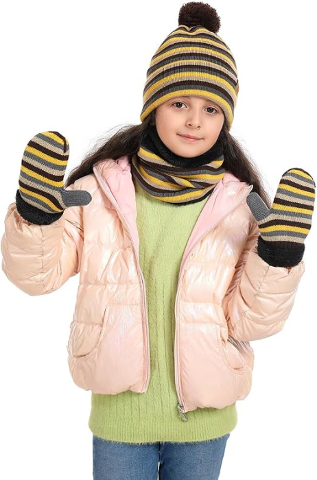 Set Iarnă Copii 3 Piese maro/gri/galben, Căciulă, Fular și Mănuși, Tricot Acrilic, Căptușit, marime unica M [2]