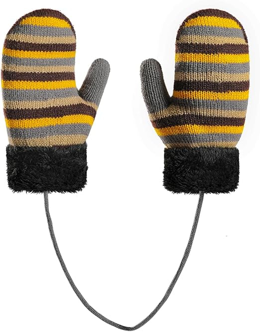 Set Iarnă Copii 3 Piese maro/gri/galben, Căciulă, Fular și Mănuși, Tricot Acrilic, Căptușit, marime unica M [6]