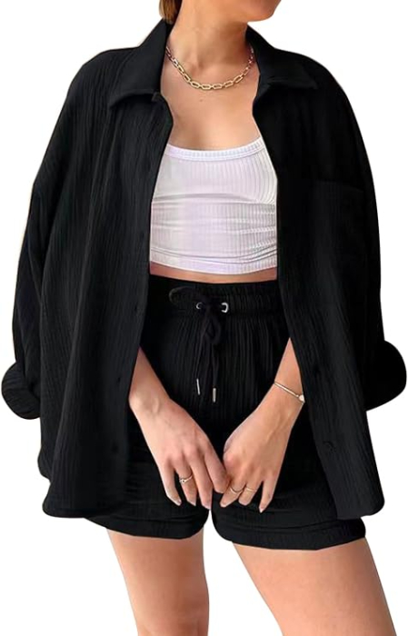 Set negru de Damă 2 Piese din Bumbac, Cămașă cu Mâneci Lungi și Pantaloni Scurți, Casual, S [6]