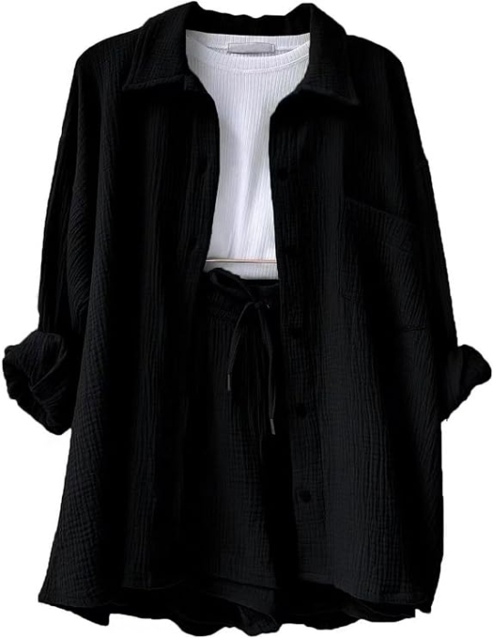 Set negru de Damă 2 Piese din Bumbac, Cămașă cu Mâneci Lungi și Pantaloni Scurți, Casual, S [5]