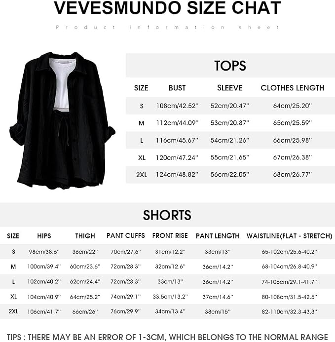 Set negru de Damă 2 Piese din Bumbac, Cămașă cu Mâneci Lungi și Pantaloni Scurți, Casual, S [2]