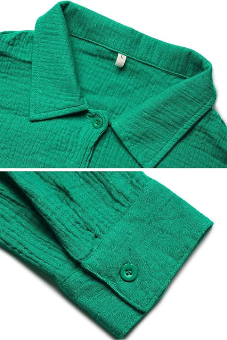 Set verde de Damă 2 Piese din Bumbac, Cămașă cu Mâneci Lungi și Pantaloni Scurți, Casual, S [3]
