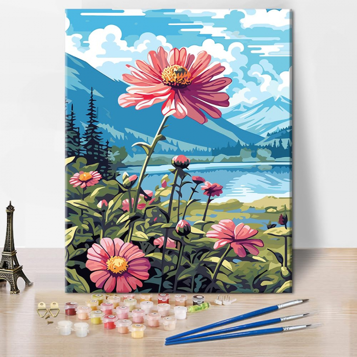 Set pictura in ulei, pe numere, pentru copii si adulti, Flori roz  16x20 cm [1]
