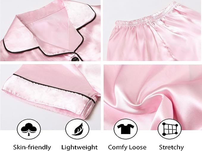 Pijama roz Damă, Satinată, 2 Piese, Cămașă cu Nasturi și Pantaloni Scurți, L [3]