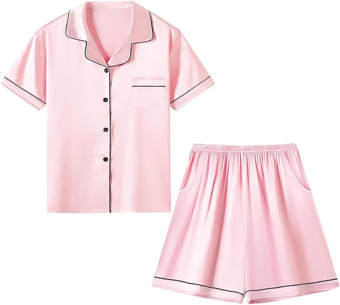 Pijama roz Damă, Satinată, 2 Piese, Cămașă cu Nasturi și Pantaloni Scurți, L [2]