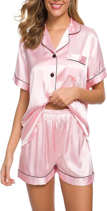 Pijama roz Damă, Satinată, 2 Piese, Cămașă cu Nasturi și Pantaloni Scurți, L [4]