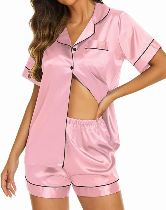 Pijama roz Damă, Satinată, 2 Piese, Cămașă cu Nasturi și Pantaloni Scurți, L [7]