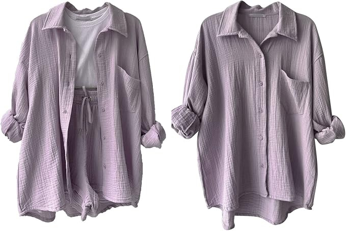Set mov de Damă 2 Piese din Bumbac, Cămașă cu Mâneci Lungi și Pantaloni Scurți, Casual, XL [7]