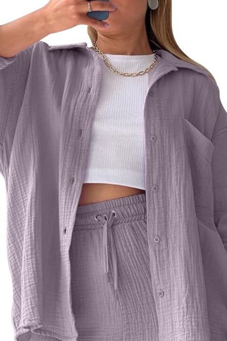 Set mov de Damă 2 Piese din Bumbac, Cămașă cu Mâneci Lungi și Pantaloni Scurți, Casual, XL [6]