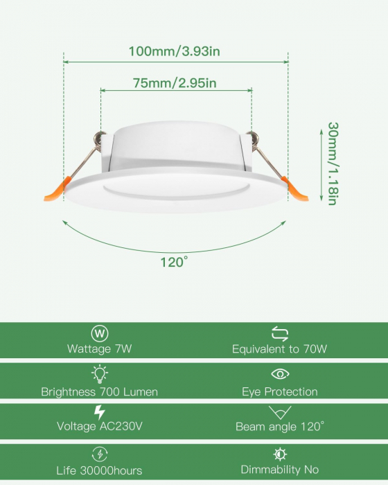 Spot LED încastrat, 230 V, 6000 K, 700 Lm, Spoturi LED, 75/100 mm, set 6 bucati [3]