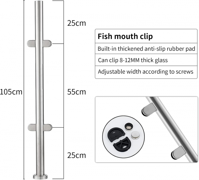 Stalp balustrada din otel inoxidabil, 105cm, compatibil cu sticla/lemn 8-12mm, finisaj argintiu [4]