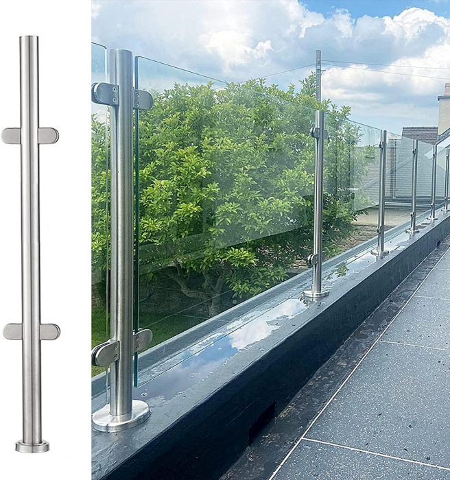 Stalp balustrada din otel inoxidabil, 105cm, compatibil cu sticla/lemn 8-12mm, finisaj argintiu [3]