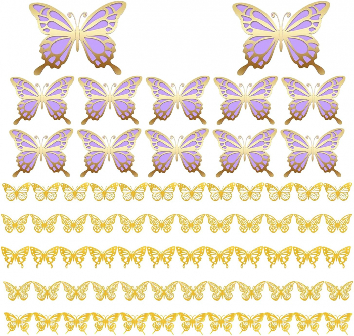 Decoratiuni de perete diferite marimi, fluturi mov auriu, set 72 bucati [2]