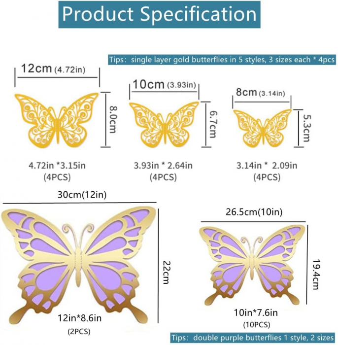 Decoratiuni de perete diferite marimi, fluturi mov auriu, set 72 bucati [6]