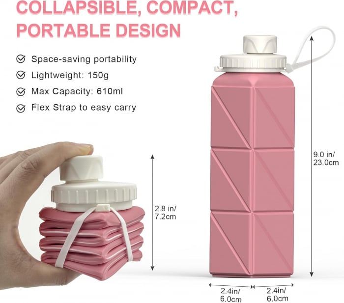 Sticla de apa din silicon, reutilizabila, portabila, pliabila, fara BPA, Roz 610 ml [3]