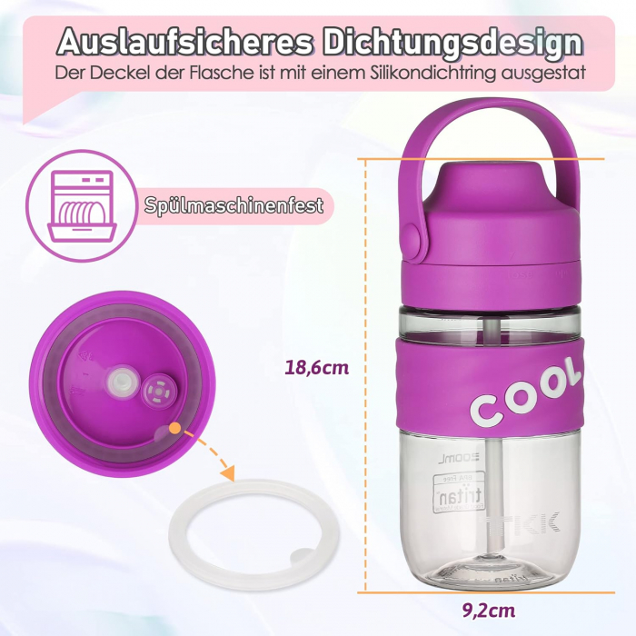 Sticla de apa din plastic fara BPA, cu maner transport, pai, 500 ml Mov [5]
