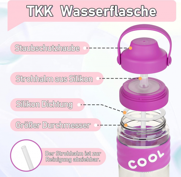 Sticla de apa din plastic fara BPA, cu maner transport, pai, 500 ml Mov [2]