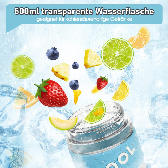 Sticla de apa din plastic fara BPA, cu maner transport, pai, 500 ml Albastra [4]