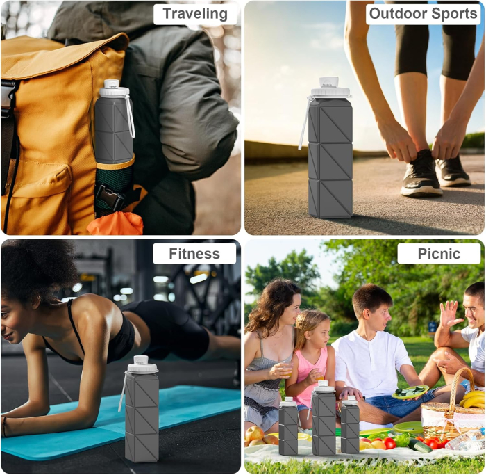 Sticla de apa din silicon, reutilizabila, portabila, pliabila, fara BPA, Gri 610 ml 7.29 x 7.29 x 7.62 cm; 145.15 grame [3]