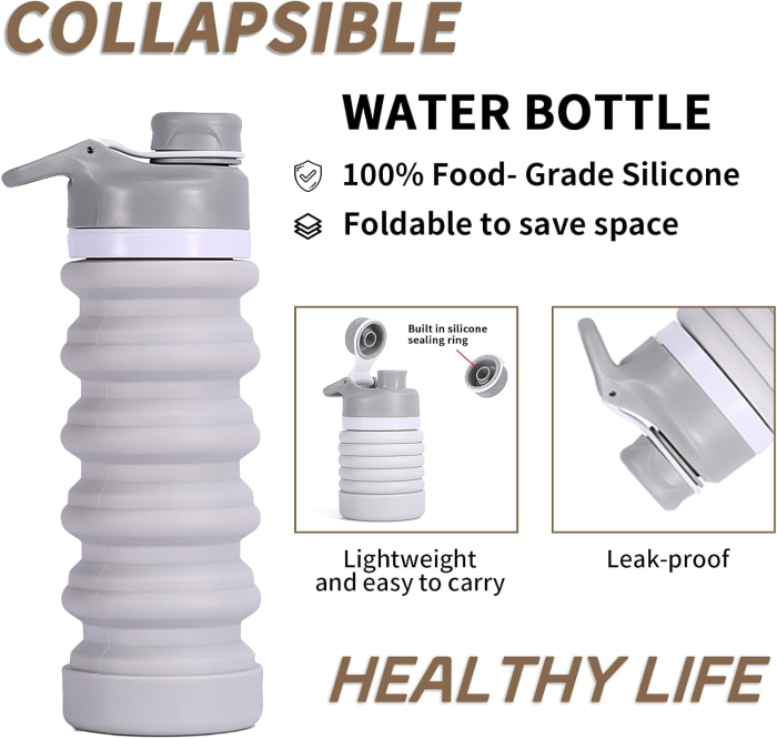 Sticla de apa din silicon, reutilizabila, portabila, pliabila, fara BPA, gri 550ml [3]