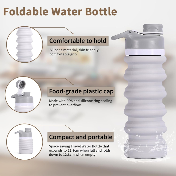 Sticla de apa din silicon, reutilizabila, portabila, pliabila, fara BPA, gri 550ml [2]