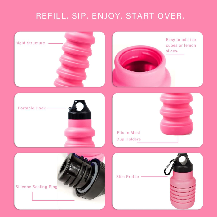 Sticla de apa din silicon, reutilizabila, portabila, pliabila, fara BPA, Roz 500 ml [3]
