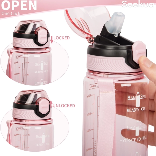 Sticla sport din plastic fara BPA, gradata cu pai, anticurgere, Roz 1 L [4]