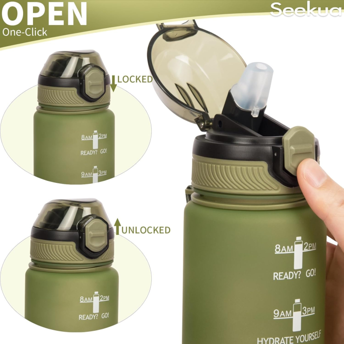 Sticla sport din plastic fara BPA, gradata cu pai, anticurgere, Verde 1 L [4]