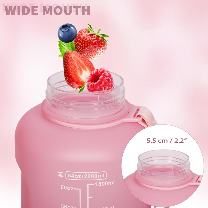 Sticla sport din plastic fara BPA, gradata cu pai, anticurgere, Roz 2 L [6]