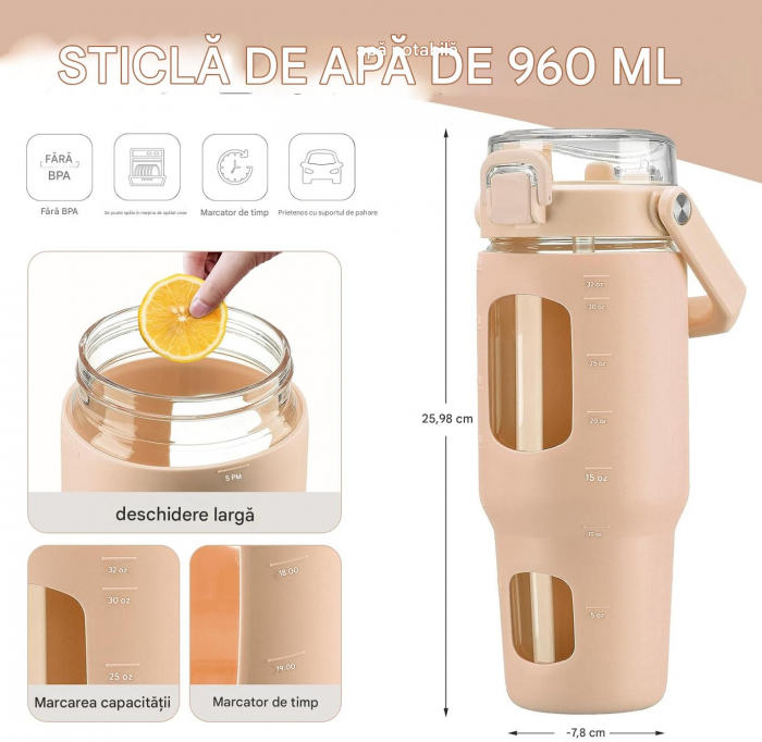 Sticla sport din sticla gradata cu protectie de plastic crem, 960 ml [3]