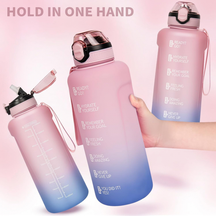 Sticla sport din plastic fara BPA, gradata cu pai, anticurgere, Roz 2 L [7]