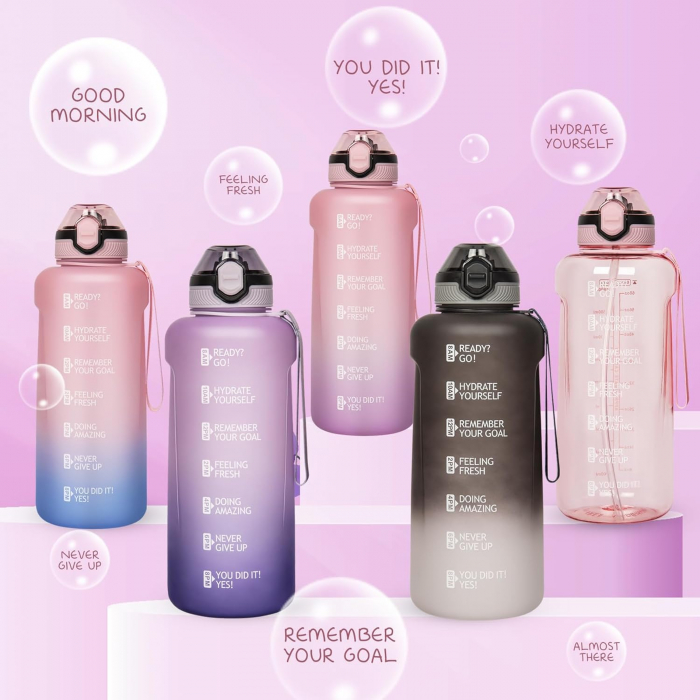 Sticla sport din plastic fara BPA, gradata cu pai, anticurgere, Roz 2 L [2]