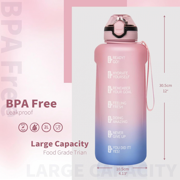 Sticla sport din plastic fara BPA, gradata cu pai, anticurgere, Roz 2 L [5]