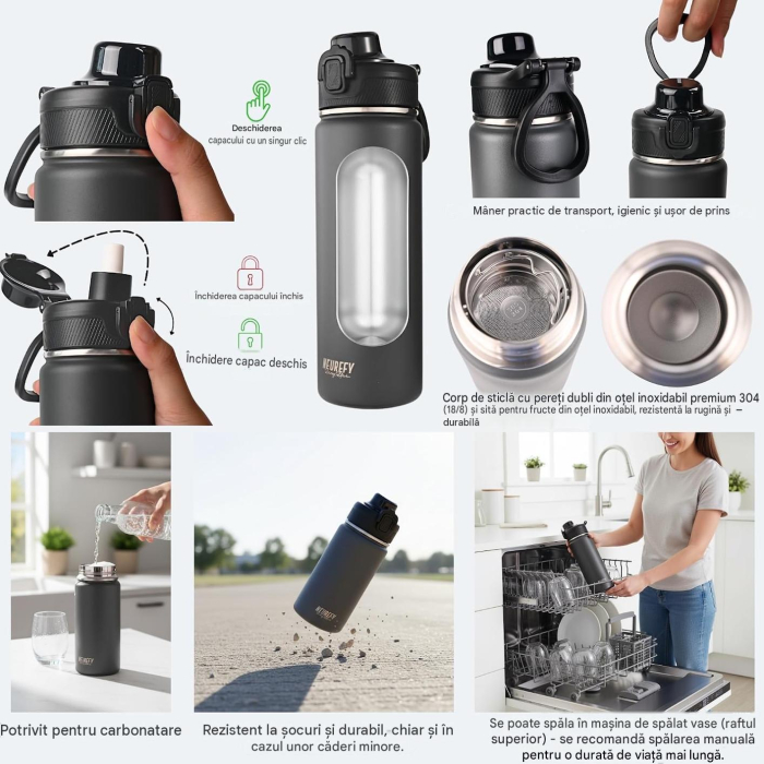 Sticlă Termică NEUREFY 500 ml, Inox, Pai Detașabil, Capac Antiscurgere, Gri [4]