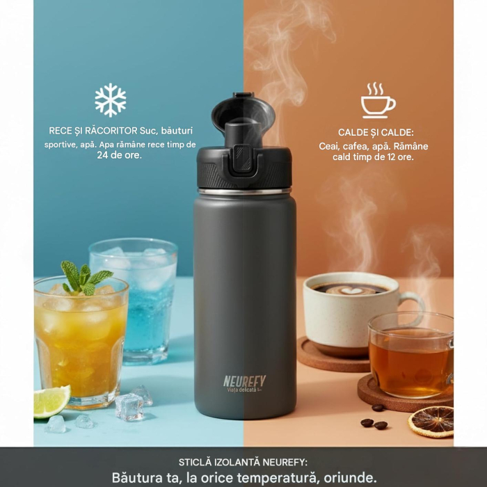 Sticlă Termică NEUREFY 500 ml, Inox, Pai Detașabil, Capac Antiscurgere, Gri [6]