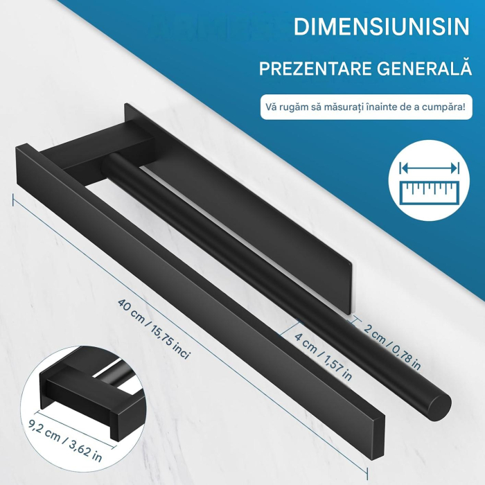 Suport negru pentru prosoape de baie, inox, montare fara gaurire, 40 cm [3]
