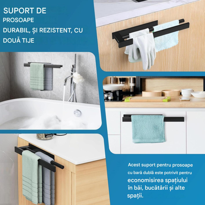 Suport negru pentru prosoape de baie, inox, montare fara gaurire, 40 cm [5]