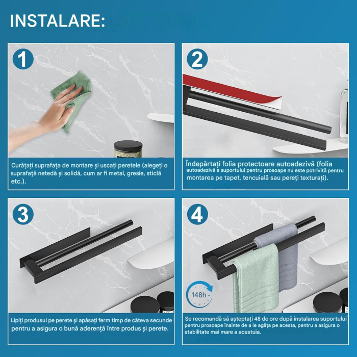 Suport negru pentru prosoape de baie, inox, montare fara gaurire, 40 cm [7]