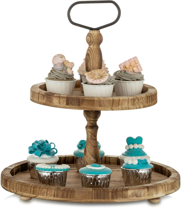 Suport din lemn pentru servire, margini inalte si maner, 2 nivele [1]