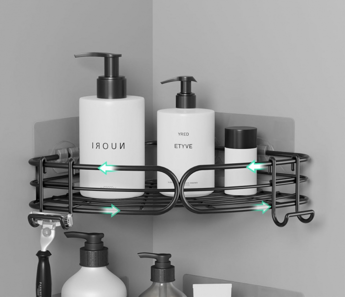 Suport din otel inoxidabil pentru dus, negru, 2 nivele, pe colt, cu carlige, fara gaurire [3]